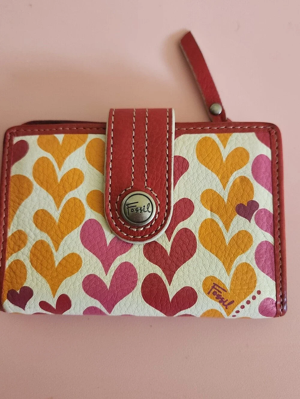 Fossil Red, Pink & Orange Heart-Print Leather Wallet